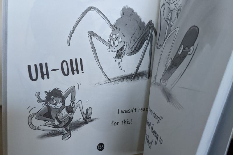 Ninja Kid Book Review: Nelson being chased by a Tyranno-Spider